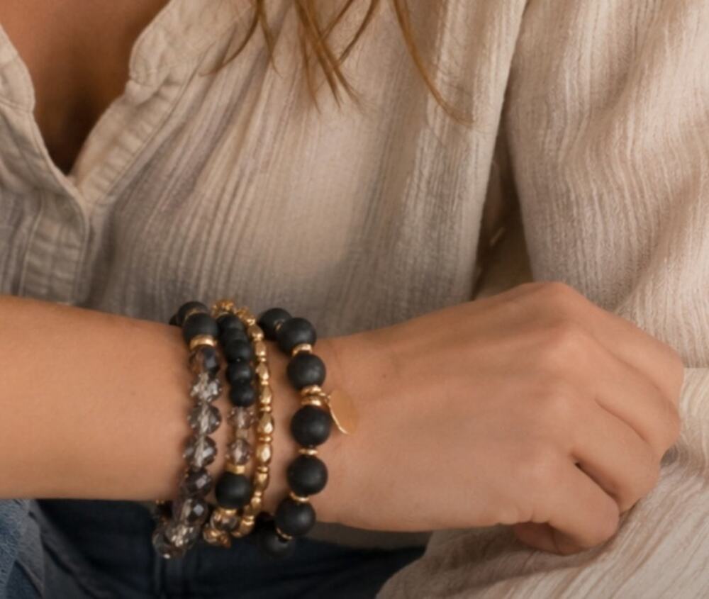 Pomina Black And Gold Beaded Stretch Bracelet Stack New